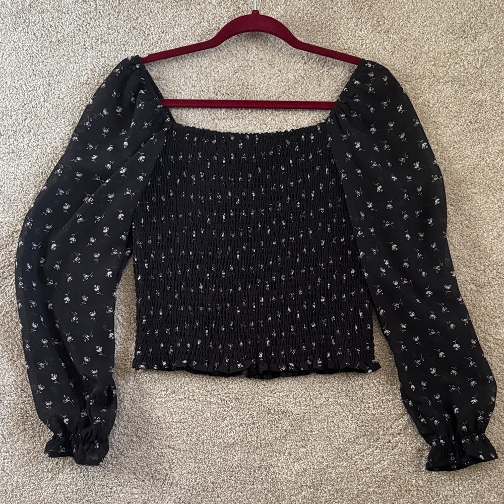 Lush Black Floral Smocked Blouse